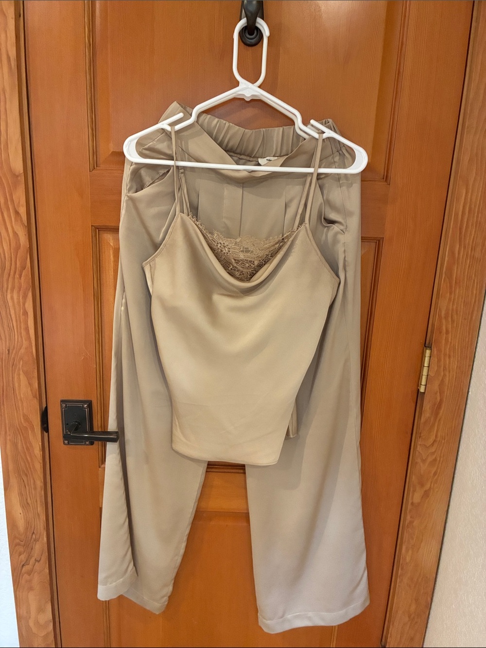 SUNCOO Paris Beige Lace-Trim Cami and Wide-Leg Pants Set